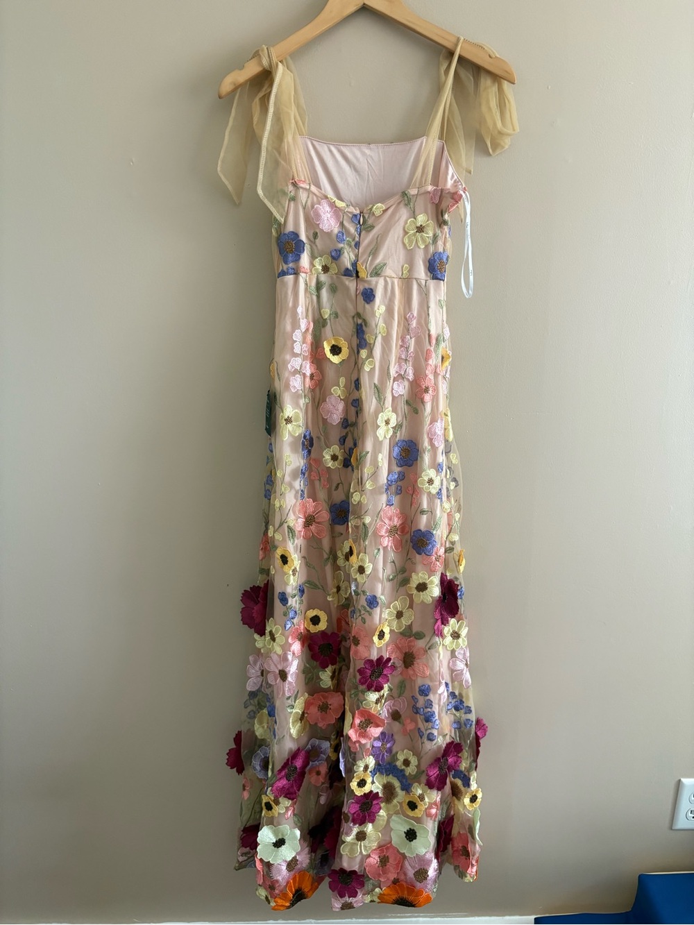 Lulus Thriving Poise Blush 3D Floral Embroidered Tie-Strap Maxi Dress Size Small - Picture 4 of 9